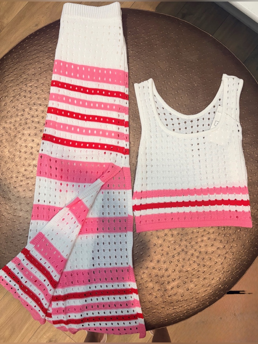 NWT White & Pink Eyelet/Knit/Crochet Tank with Matching Skirt with Side Slit-Set